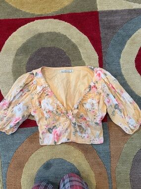 Abercrombie & Fitch Yellow Floral Tie Front Puff Sleeve Crop Top Size Small